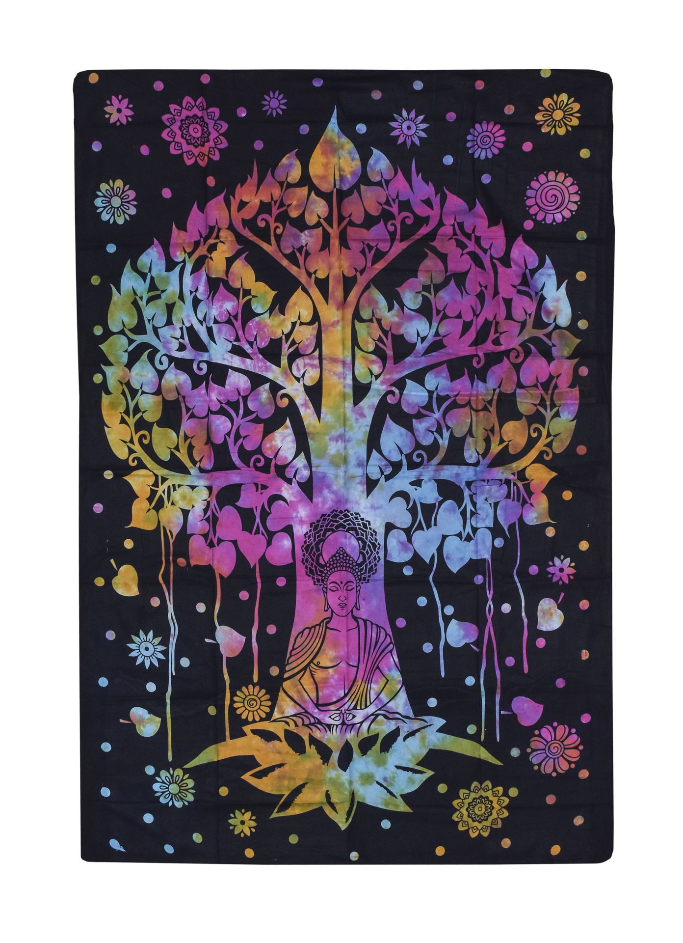 Přehoz s tiskem, Buddha a strom života, barevná batika