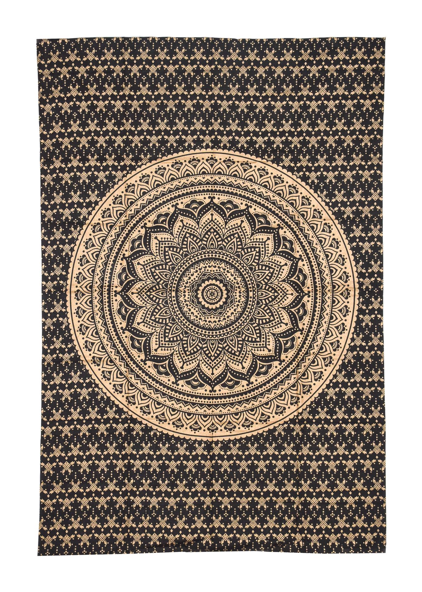 Přehoz s tiskem, černý, zlatý tisk, Mandala, Černá