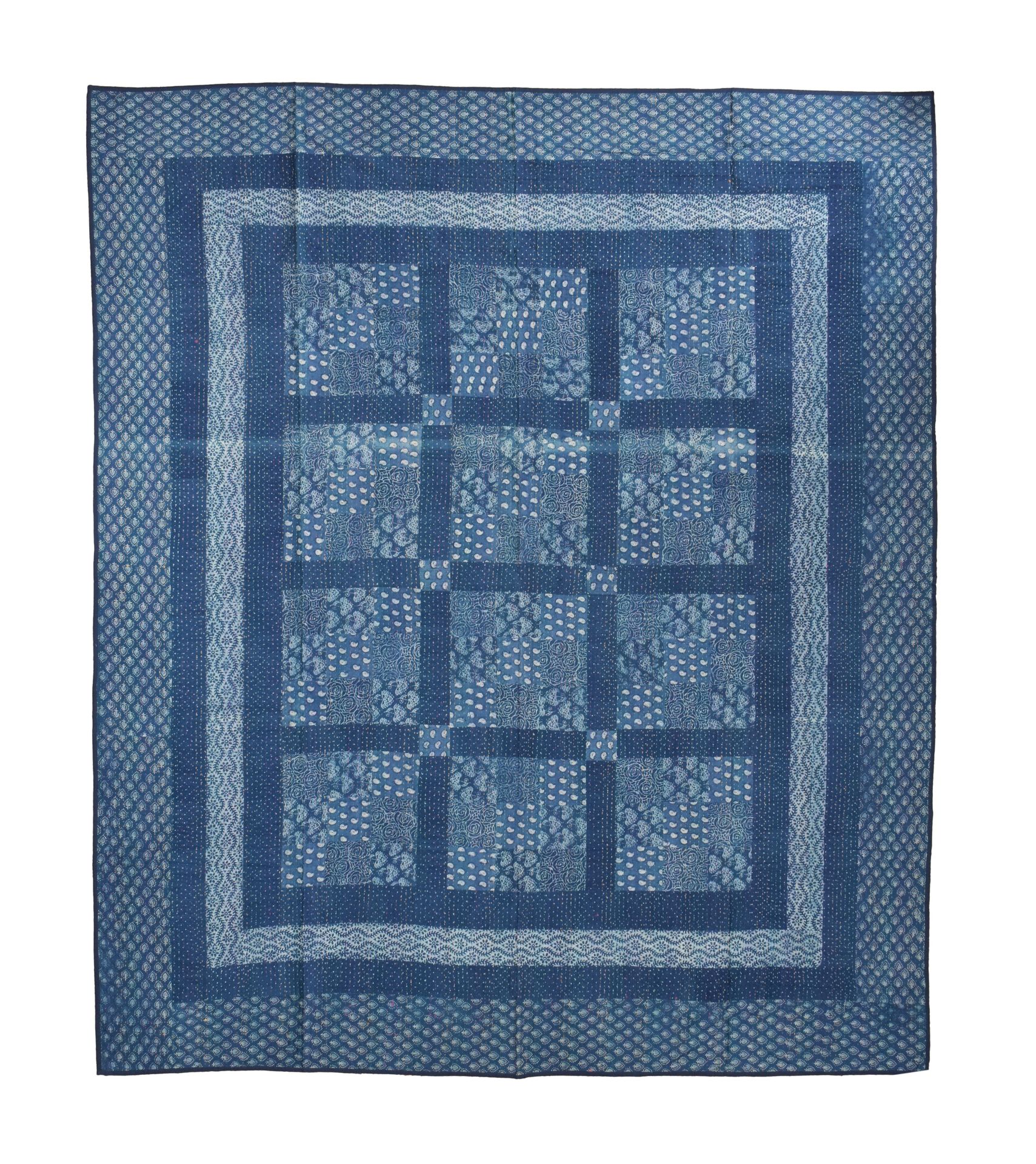 Přehoz na postel, dvojitý, prošívaný patchwork, modrotisk