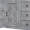 Komoda z mangového dřeva, ruční řezby, šedá patina, 150x40x90cm