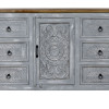 Komoda z mangového dřeva, ruční řezby, šedá patina, 150x40x90cm