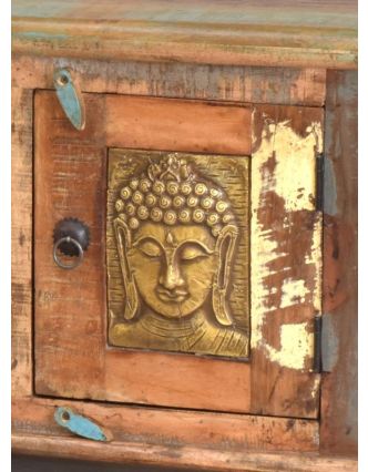 Komoda pod TV z antik teakového dřeva zdobená mosaznými Buddhy, 120x45x50cm