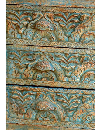 Komoda z antik teakového dřeva, ručně řezané šuplíky, 120x45x76cm