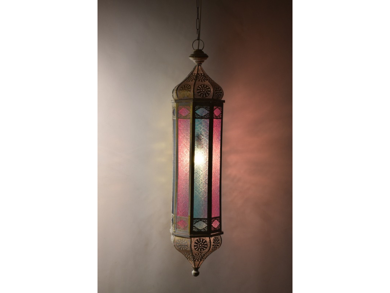 Arabská lampa, multibarevná, bílá patina, sklo, ruční práce, 21x21x97cm