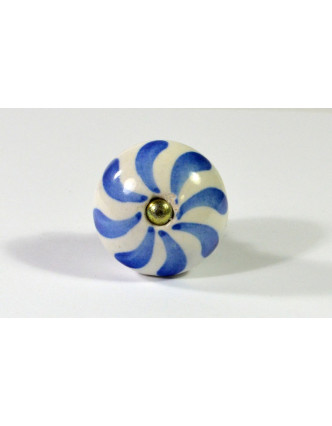 Malované keramické madlo na šuplík, bílé s modrým dekorem