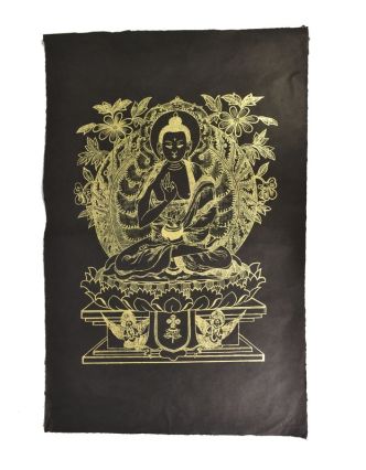 Buddha Amoghasiddhi, zlatý tisk na černém papíru, 50x75cm