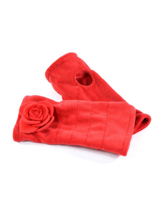 Červené sametové rukavice - návleky s květinou