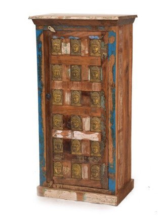 Skříň z antik teakového dřeva, zdobená mosaznými Buddhy, 60x40x120cm