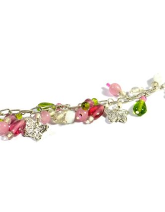 Romantický náhrdelník s motýlky a růžovo zelenými korálky, cca 40cm