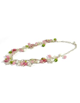 Romantický náhrdelník s motýlky a růžovo zelenými korálky, cca 40cm