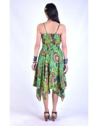 Dlouhé zelené šaty s cípy na ramínka, květinový potisk, žabičkování