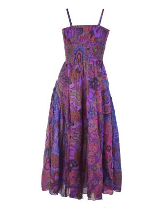 Dlouhé fialové šaty na ramínka, květinový potisk, žabičkování