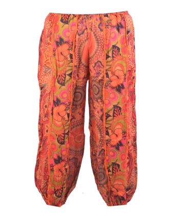 Oranžové balonové kalhoty s potiskem, "Patchwork design", elastický pas