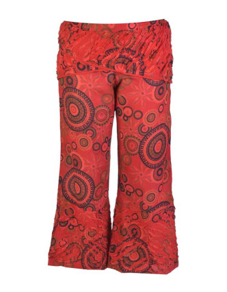 Červené zvonové kalhoty s potiskem, "Patchwork design", elastický pas