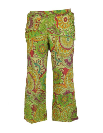 Zelené zvonové kalhoty s potiskem, "Patchwork design", elastický pas