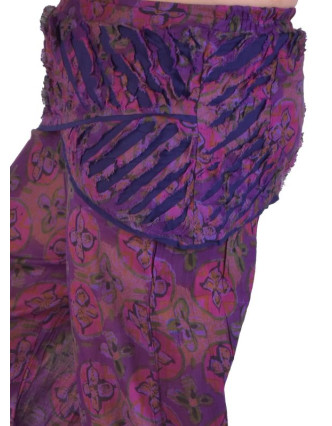 Fialové zvonové kalhoty s potiskem, "Patchwork design", elastický pas