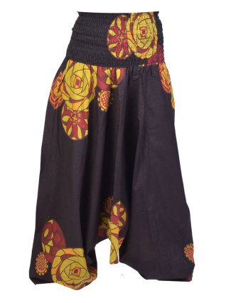 Černé turecké kalhoty-overal-halena 3v1 "Melody", barevný potisk , žabičkování