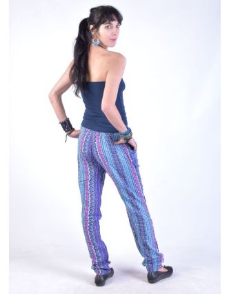 Pohodlné dlouhé kalhoty s potiskem "Lexy", modro-růžové, elast.pas, kapsy