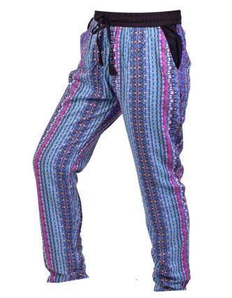 Pohodlné dlouhé kalhoty s potiskem "Lexy", modro-růžové, elast.pas, kapsy