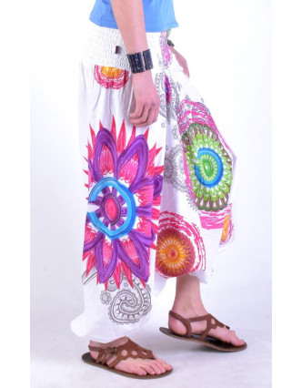 Bílé turecké kalhoty-overal-halena 3v1 "Mandala", barevné mandaly, žabičkování