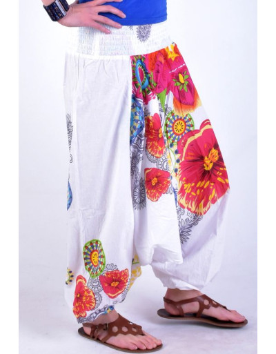 Bílé turecké kalhoty-overal-halena 3v1 "Caly", barevné květiny, žabičkování