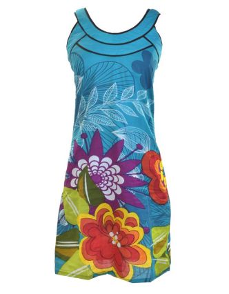 Tyrkysové šaty bez rukávu "Lisa" s barevným potiskem květin