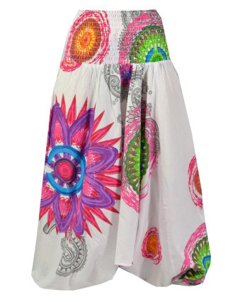 Bílé turecké kalhoty-overal-halena 3v1 "Mandala", barevné mandaly, žabičkování