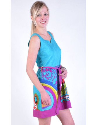 Tyrkysové šaty bez rukávu "Jenna " s barevným potiskem, pásek