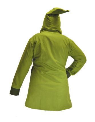 Zelený asymetrický kabát s kapucí, výšivka ještěrky, zapínání na zip, kapsy