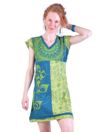 Krátké petrolejovo-zelené šaty s krátkým rukávem, mix tisků a výšivka