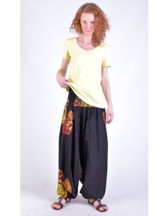 Černé turecké kalhoty-overal-halena 3v1 "Melody", barevný potisk , žabičkování
