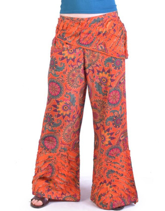 Oranžové zvonové kalhoty s potiskem, "Patchwork design", elastický pas