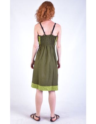 Khaki-zelené krátké šaty na ramínka, potisk a výšivka