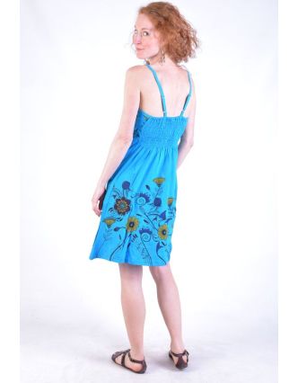 Tyrkysové krátké šaty na ramínka, potisk květin a výšivka
