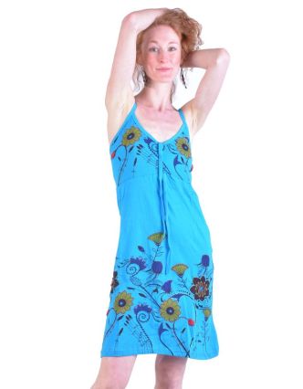 Tyrkysové krátké šaty na ramínka, potisk květin a výšivka