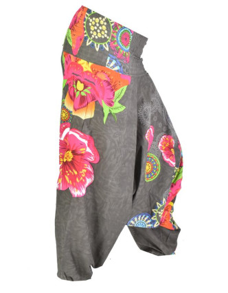 Šedé turecké kalhoty-overal-halena 3v1 "Caly", barevné květiny, žabičkování