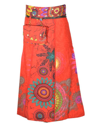 Dlouhá červená oboustranná sukně "Flower Mandala", zapínání na patentky