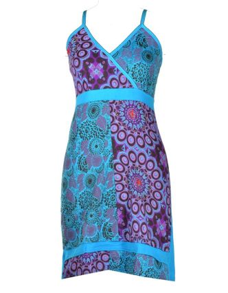 Modro-fialové krátké šaty na ramínka, mix potisků