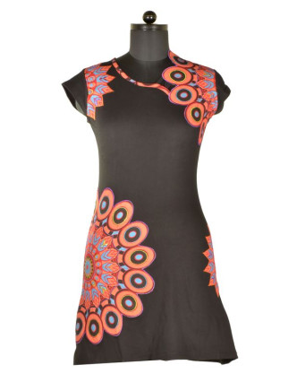 Krátké černo-oranžové šaty s krátkým rukávem, mandala design, atypický výstřih