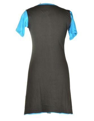 Krátké černo-tyrkysové šaty s krátkým rukávem, mandala potisk a výšivka