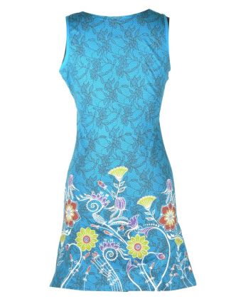Krátké tyrkysové šaty bez rukávu, "Lace design", květinový potisk, výšivka