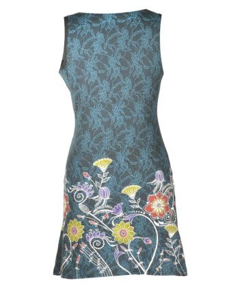 Krátké černo-modré šaty bez rukávu, "Lace design", květinový potisk, výšivka