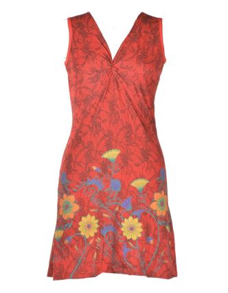 Krátké červené šaty bez rukávu, "Lace design", květinový potisk, výšivka