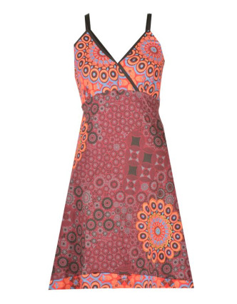 Vínovo-oranžové krátké šaty na ramínka, mix potisků, výšivka