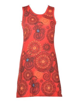 Krátké červené šaty bez rukávu, barevný mandala potisk