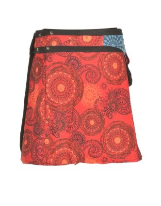 Krátká červená sukně zapínaná na patentky, barevný mandala potisk, kapsa