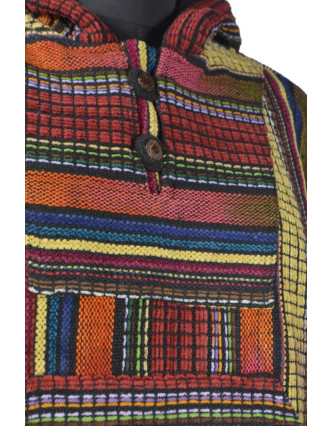 Pánská bunda s kapucí, multibarevné pruhy, kapsa na břiše