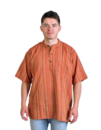 Pruhovaná pánská košile-kurta s krátkým rukávem a kapsičkou, oranžová