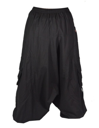 Unisex turecké kalhoty s aplikacemi spirály a kapsami, černé, zipy