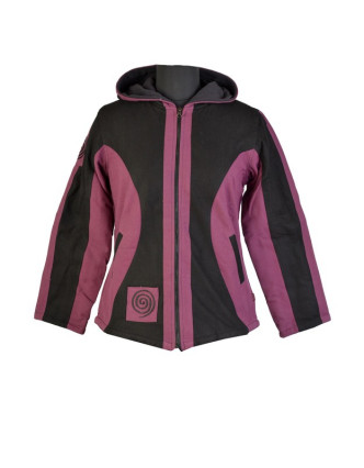 Černo fialová bunda s kapucí, spirálová aplikace, zapínání na zip a kapsy